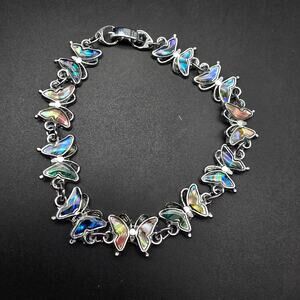 Colorful Paua Abalone Shell Butterfly Necklace Silver Tone